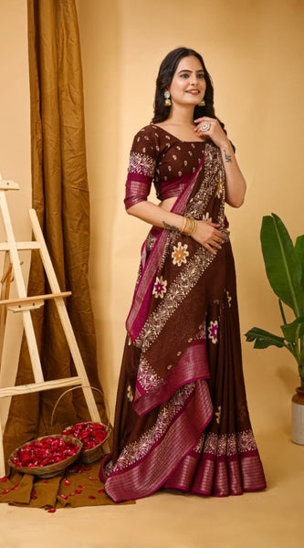 Mayawye Women's Soft Blooming Marshmallow Fabric Kalamkari Printed Saree With Unstitched Blouse 5.5Mtr (Maroon)