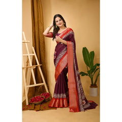 Mayawye Women's Soft Blooming Marshmallow Fabric Kalamkari Printed Saree With Unstitched Blouse 5.5Mtr (Wine)