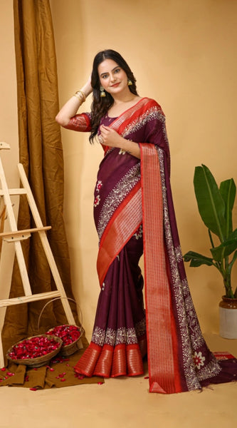 Mayawye Women's Soft Blooming Marshmallow Fabric Kalamkari Printed Saree With Unstitched Blouse 5.5Mtr (Wine)