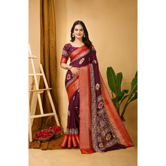 Mayawye Women's Soft Blooming Marshmallow Fabric Kalamkari Printed Saree With Unstitched Blouse 5.5Mtr (Wine)