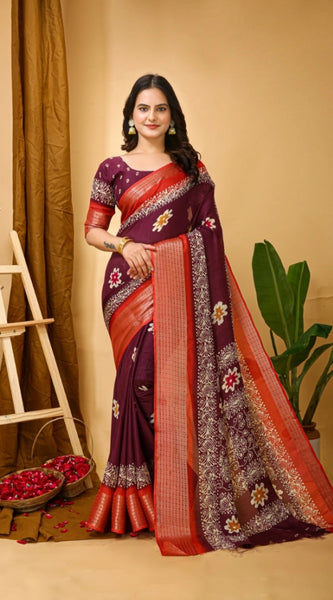 Mayawye Women's Soft Blooming Marshmallow Fabric Kalamkari Printed Saree With Unstitched Blouse 5.5Mtr (Wine)
