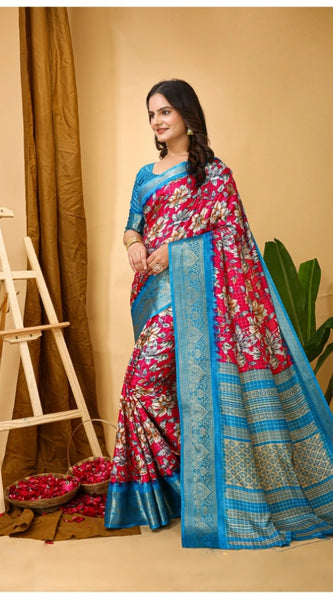 Mayawye Women's Soft Dola Cotton Kalamkari Printed Saree With Unstitched Blouse 5.5Mtr (Pink)