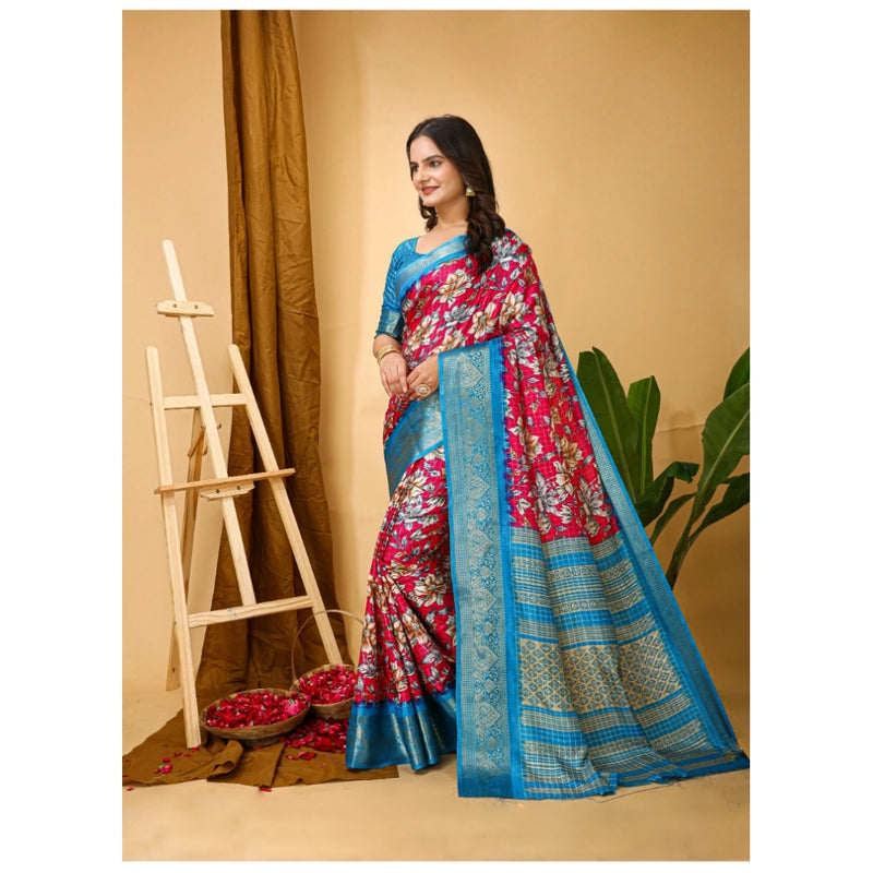Mayawye Women's Soft Dola Cotton Kalamkari Printed Saree With Unstitched Blouse 5.5Mtr (Pink)
