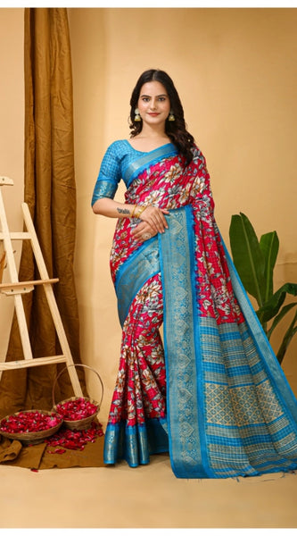 Mayawye Women's Soft Dola Cotton Kalamkari Printed Saree With Unstitched Blouse 5.5Mtr (Pink)
