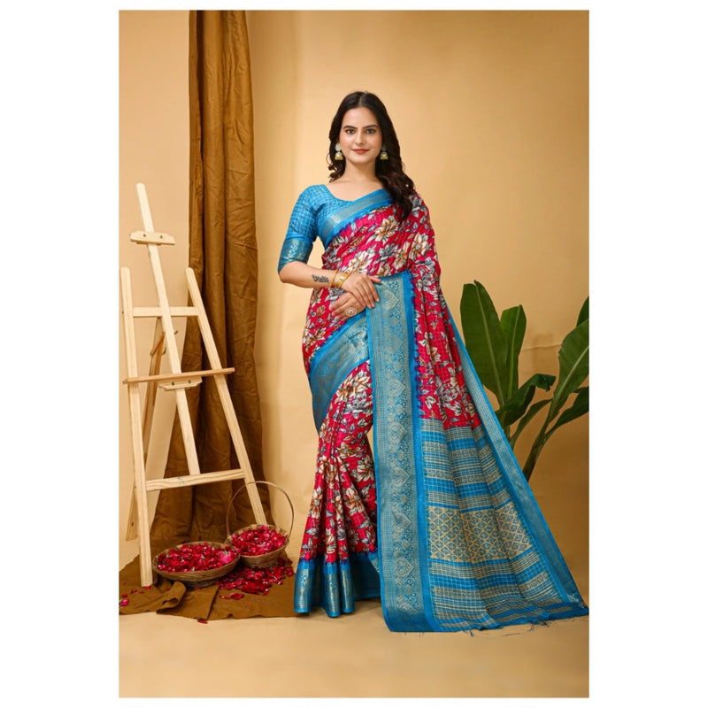 Mayawye Women's Soft Dola Cotton Kalamkari Printed Saree With Unstitched Blouse 5.5Mtr (Pink)