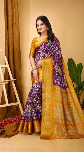 Mayawye Women's Soft Dola Cotton Kalamkari Printed Saree With Unstitched Blouse 5.5Mtr (Purple)
