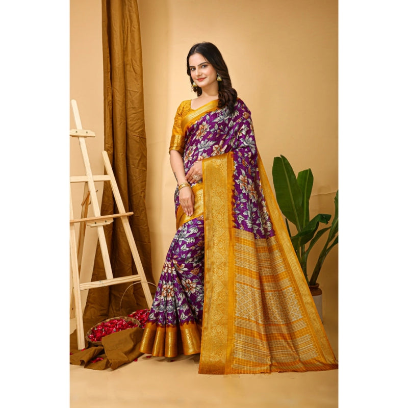 Mayawye Women's Soft Dola Cotton Kalamkari Printed Saree With Unstitched Blouse 5.5Mtr (Purple)