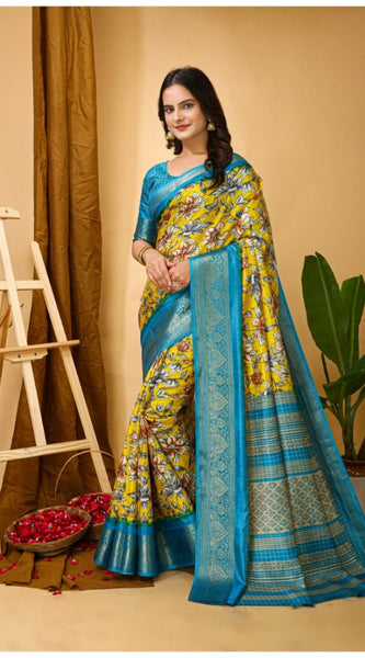 Mayawye Women's Soft Dola Cotton Kalamkari Printed Saree With Unstitched Blouse 5.5Mtr (Yellow)