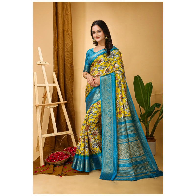 Mayawye Women's Soft Dola Cotton Kalamkari Printed Saree With Unstitched Blouse 5.5Mtr (Yellow)