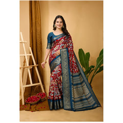 Mayawye Women's Soft Dola Cotton Kalamkari Printed Saree With Unstitched Blouse 5.5Mtr (Red)