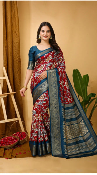 Mayawye Women's Soft Dola Cotton Kalamkari Printed Saree With Unstitched Blouse 5.5Mtr (Red)