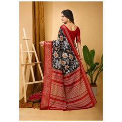 Mayawye Women's Soft Dola Cotton Kalamkari Printed Saree With Unstitched Blouse 5.5Mtr (Black)