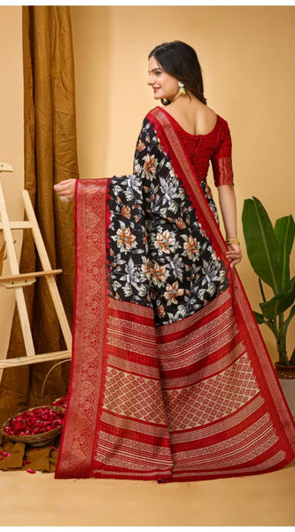 Mayawye Women's Soft Dola Cotton Kalamkari Printed Saree With Unstitched Blouse 5.5Mtr (Black)