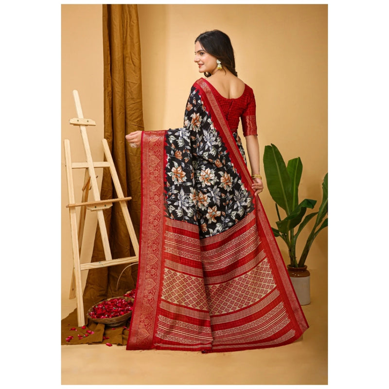 Mayawye Women's Soft Dola Cotton Kalamkari Printed Saree With Unstitched Blouse 5.5Mtr (Black)