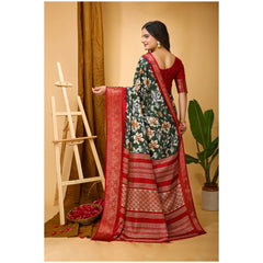 Mayawye Women's Soft Dola Cotton Kalamkari Printed Saree With Unstitched Blouse 5.5Mtr (Green)
