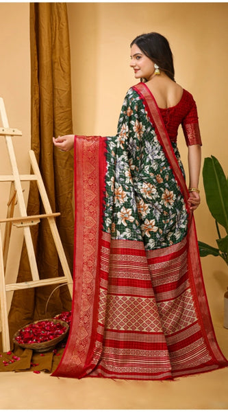 Mayawye Women's Soft Dola Cotton Kalamkari Printed Saree With Unstitched Blouse 5.5Mtr (Green)