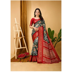 Mayawye Women's Soft Dola Cotton Kalamkari Printed Saree With Unstitched Blouse 5.5Mtr (Green)