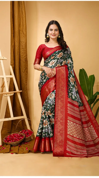 Mayawye Women's Soft Dola Cotton Kalamkari Printed Saree With Unstitched Blouse 5.5Mtr (Green)