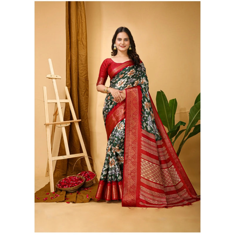Mayawye Women's Soft Dola Cotton Kalamkari Printed Saree With Unstitched Blouse 5.5Mtr (Green)