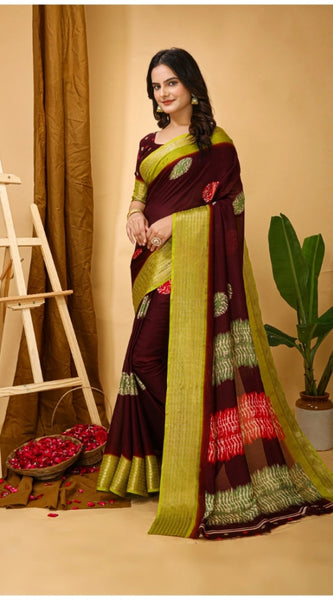 Mayawye Women's Soft Blooming Marshmallow Fabric Kalamkari Printed Saree With Unstitched Blouse 5.5Mtr (Maroon)