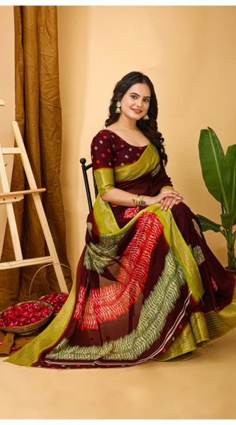 Mayawye Women's Soft Blooming Marshmallow Fabric Kalamkari Printed Saree With Unstitched Blouse 5.5Mtr (Maroon)