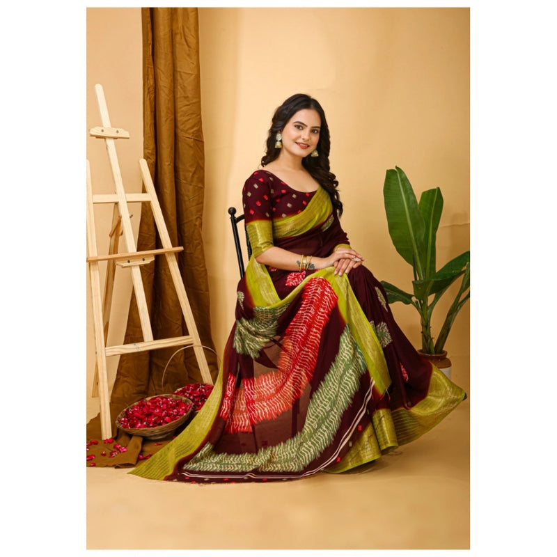 Mayawye Women's Soft Blooming Marshmallow Fabric Kalamkari Printed Saree With Unstitched Blouse 5.5Mtr (Maroon)