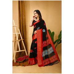 Mayawye Women's Soft Blooming Marshmallow Fabric Kalamkari Printed Saree With Unstitched Blouse 5.5Mtr (Black)