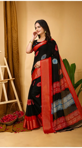 Mayawye Women's Soft Blooming Marshmallow Fabric Kalamkari Printed Saree With Unstitched Blouse 5.5Mtr (Black)
