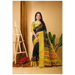 Mayawye Women's Soft Dola Cotton Kalamkari Printed Saree With Unstitched Blouse 5.5Mtr (Green)