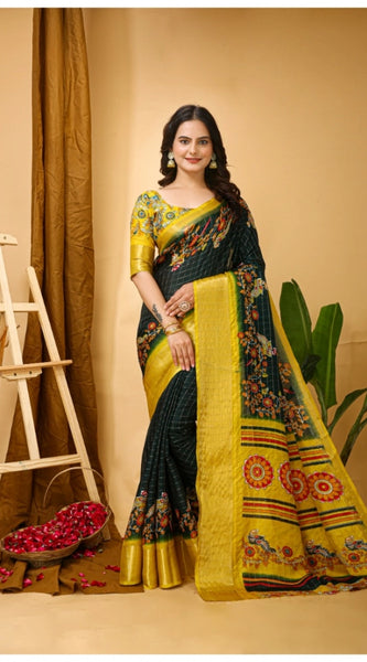 Mayawye Women's Soft Dola Cotton Kalamkari Printed Saree With Unstitched Blouse 5.5Mtr (Green)