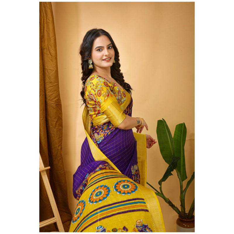 Mayawye Women's Soft Dola Cotton Kalamkari Printed Saree With Unstitched Blouse 5.5Mtr (Purple)