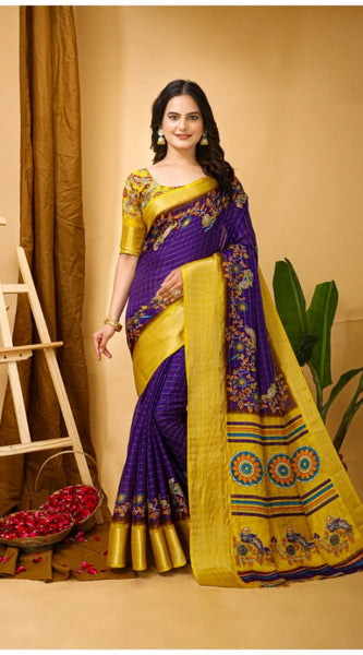 Mayawye Women's Soft Dola Cotton Kalamkari Printed Saree With Unstitched Blouse 5.5Mtr (Purple)