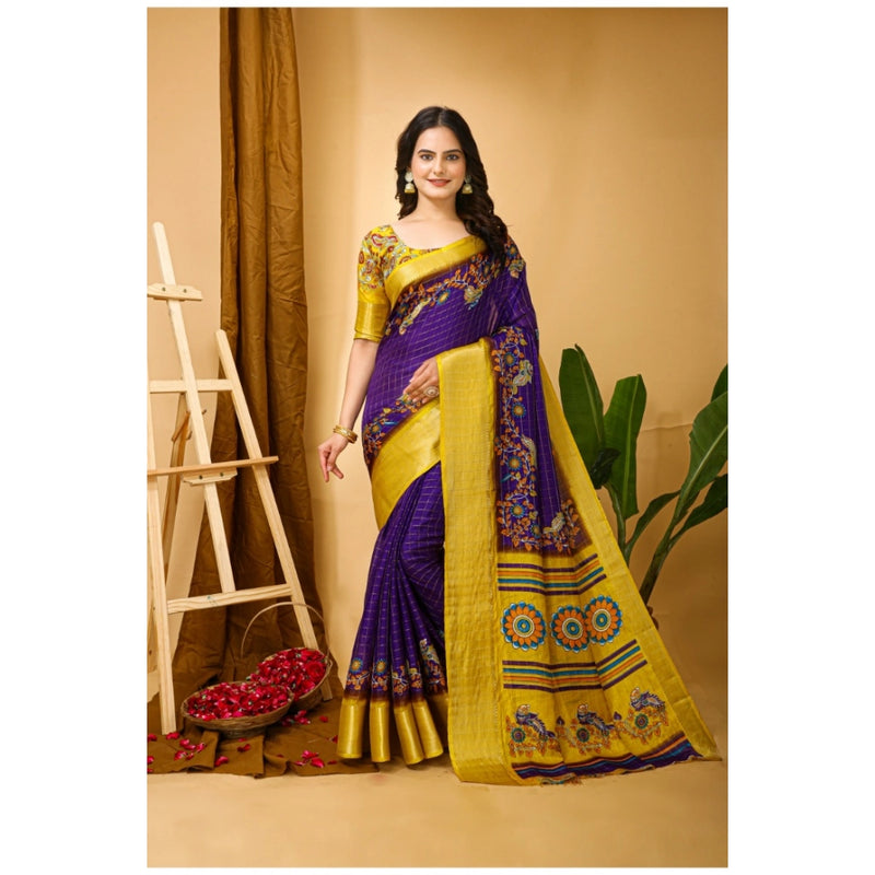 Mayawye Women's Soft Dola Cotton Kalamkari Printed Saree With Unstitched Blouse 5.5Mtr (Purple)