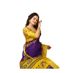 Mayawye Women's Soft Dola Cotton Kalamkari Printed Saree With Unstitched Blouse 5.5Mtr (Purple)