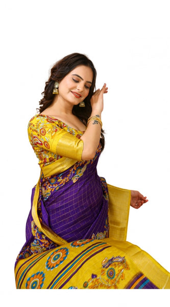 Mayawye Women's Soft Dola Cotton Kalamkari Printed Saree With Unstitched Blouse 5.5Mtr (Purple)
