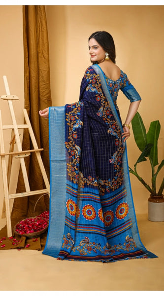 Mayawye Women's Soft Dola Cotton Kalamkari Printed Saree With Unstitched Blouse 5.5Mtr (Navy Blue)
