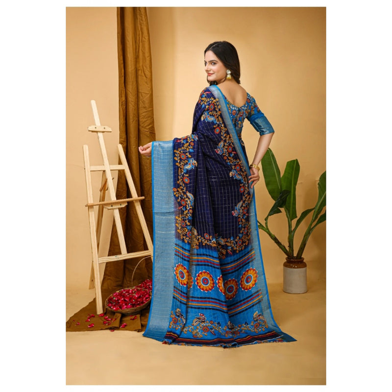 Mayawye Women's Soft Dola Cotton Kalamkari Printed Saree With Unstitched Blouse 5.5Mtr (Navy Blue)