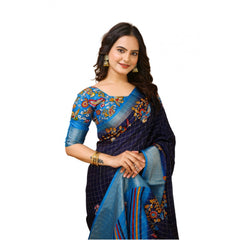 Mayawye Women's Soft Dola Cotton Kalamkari Printed Saree With Unstitched Blouse 5.5Mtr (Navy Blue)