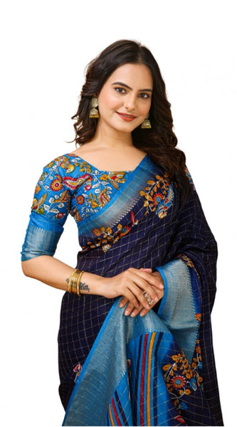Mayawye Women's Soft Dola Cotton Kalamkari Printed Saree With Unstitched Blouse 5.5Mtr (Navy Blue)