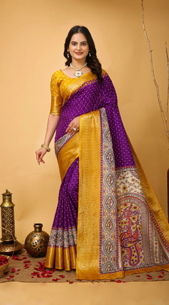 Mayawye Women's Soft Dola Cotton Kalamkari Printed Saree With Unstitched Blouse 5.5Mtr (Purple)