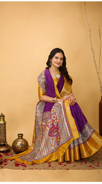 Mayawye Women's Soft Dola Cotton Kalamkari Printed Saree With Unstitched Blouse 5.5Mtr (Purple)