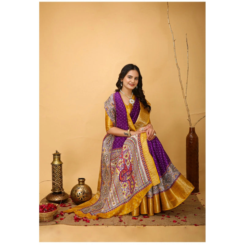 Mayawye Women's Soft Dola Cotton Kalamkari Printed Saree With Unstitched Blouse 5.5Mtr (Purple)