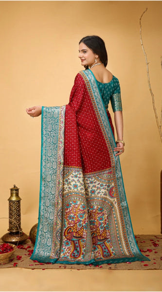 Mayawye Women's Soft Dola Cotton Kalamkari Printed Saree With Unstitched Blouse 5.5Mtr (Red)