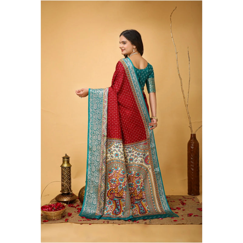 Mayawye Women's Soft Dola Cotton Kalamkari Printed Saree With Unstitched Blouse 5.5Mtr (Red)