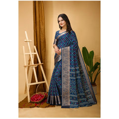 Mayawye Women's Soft Dola Cotton Kalamkari Printed Saree With Unstitched Blouse 5.5Mtr (Blue)
