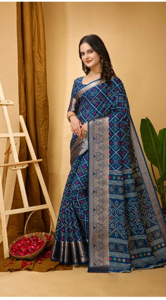 Mayawye Women's Soft Dola Cotton Kalamkari Printed Saree With Unstitched Blouse 5.5Mtr (Blue)