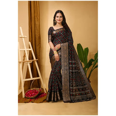 Mayawye Women's Soft Dola Cotton Kalamkari Printed Saree With Unstitched Blouse 5.5Mtr (Black)