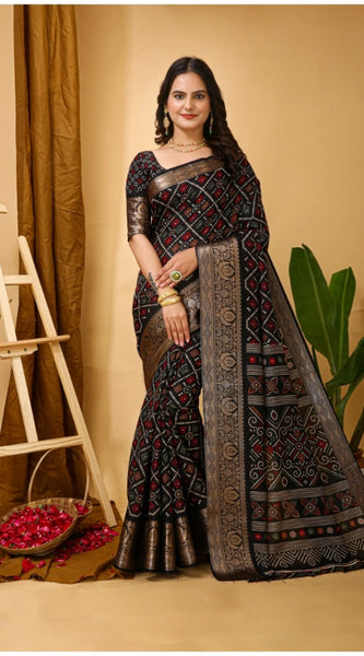 Mayawye Women's Soft Dola Cotton Kalamkari Printed Saree With Unstitched Blouse 5.5Mtr (Black)