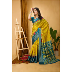 Mayawye Women's Soft Dola Cotton Kalamkari Printed Saree With Unstitched Blouse 5.5Mtr (Yellow)