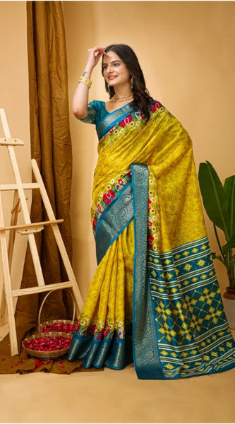 Mayawye Women's Soft Dola Cotton Kalamkari Printed Saree With Unstitched Blouse 5.5Mtr (Yellow)